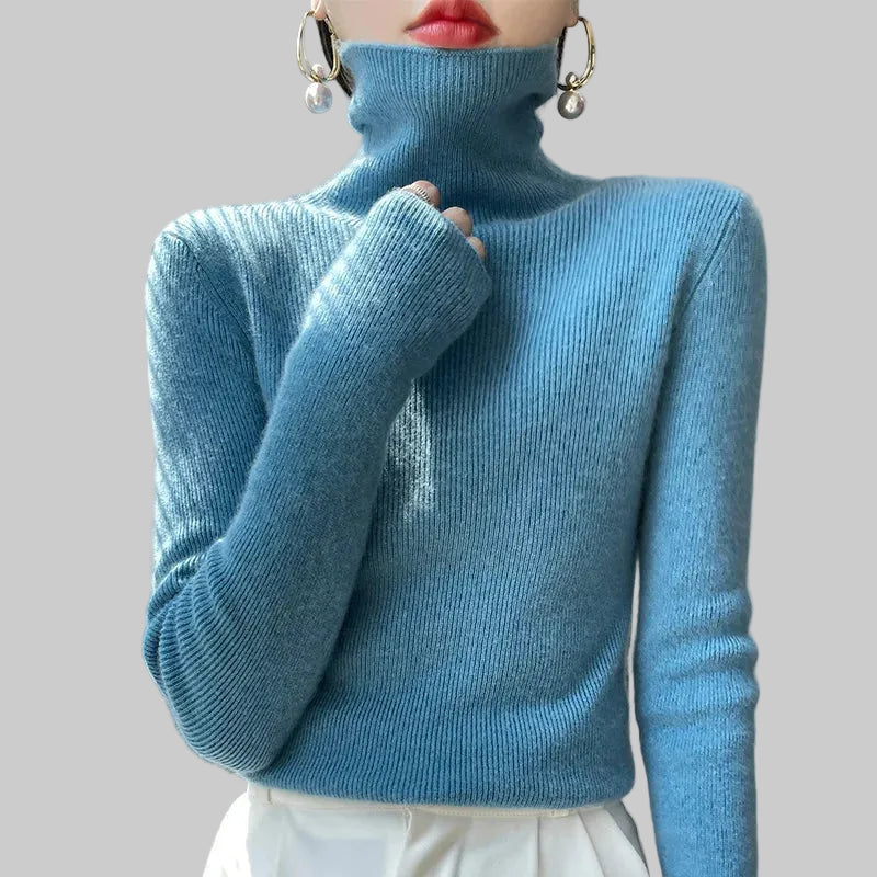 Damski Prążkowany Sweter z Wysokim Golfem i Długimi Rękawami