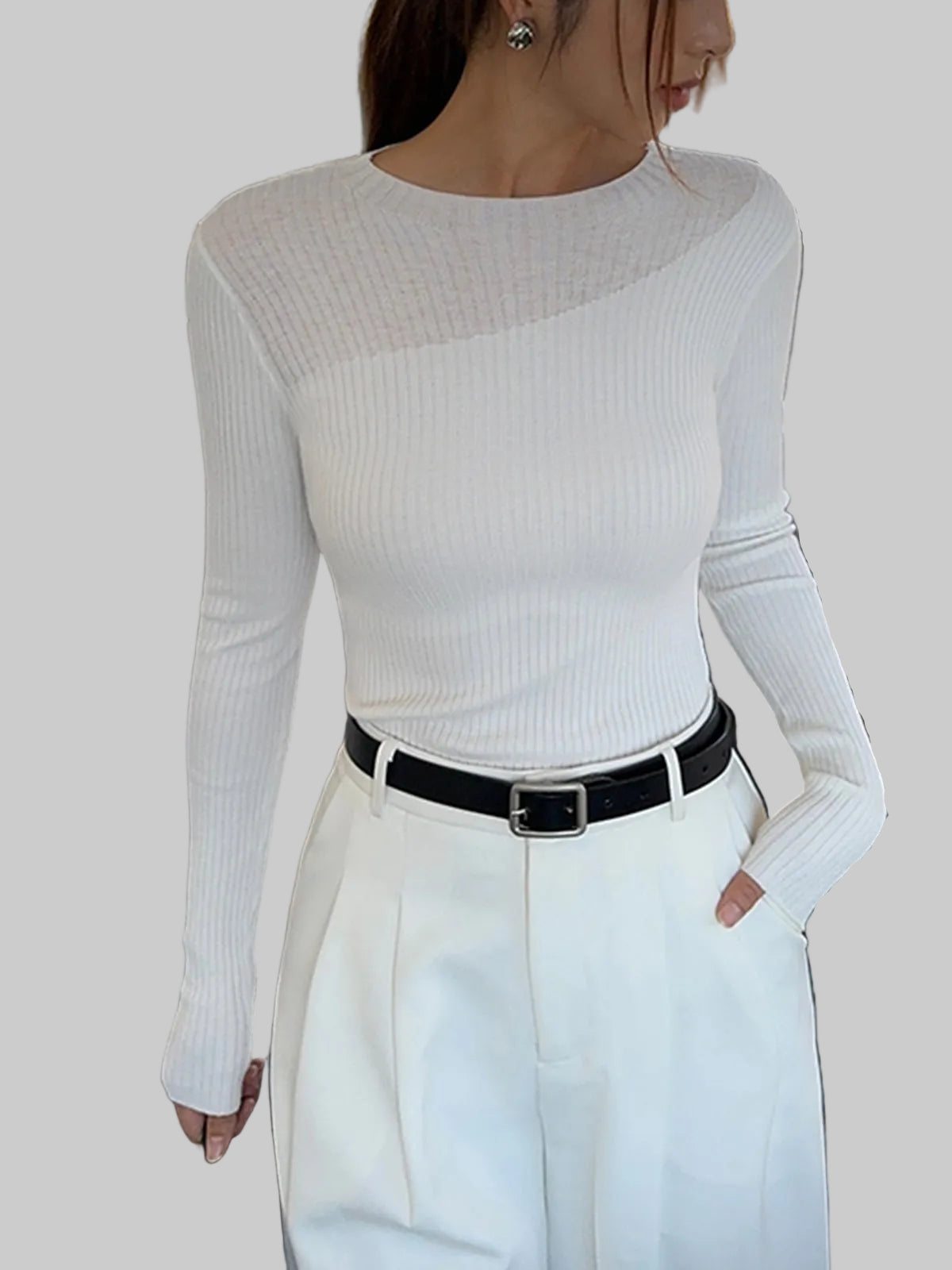 Damski Prążkowany Top z Okrągłym Dekoltem i Prześwitującą Częścią