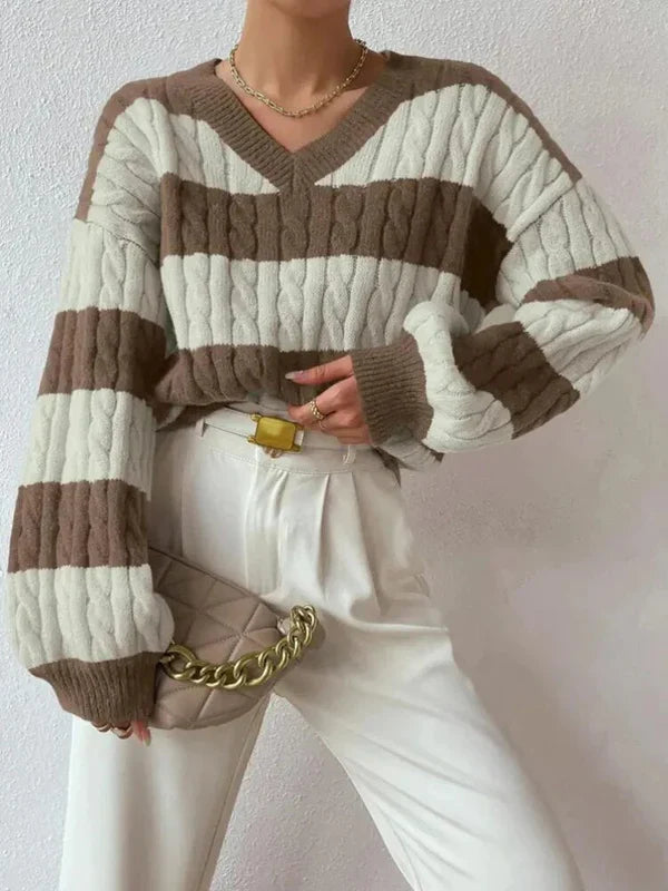 Damski Sweter z Dekoltem w Serek w Poziome Pasy ze Splotem Warkoczowym