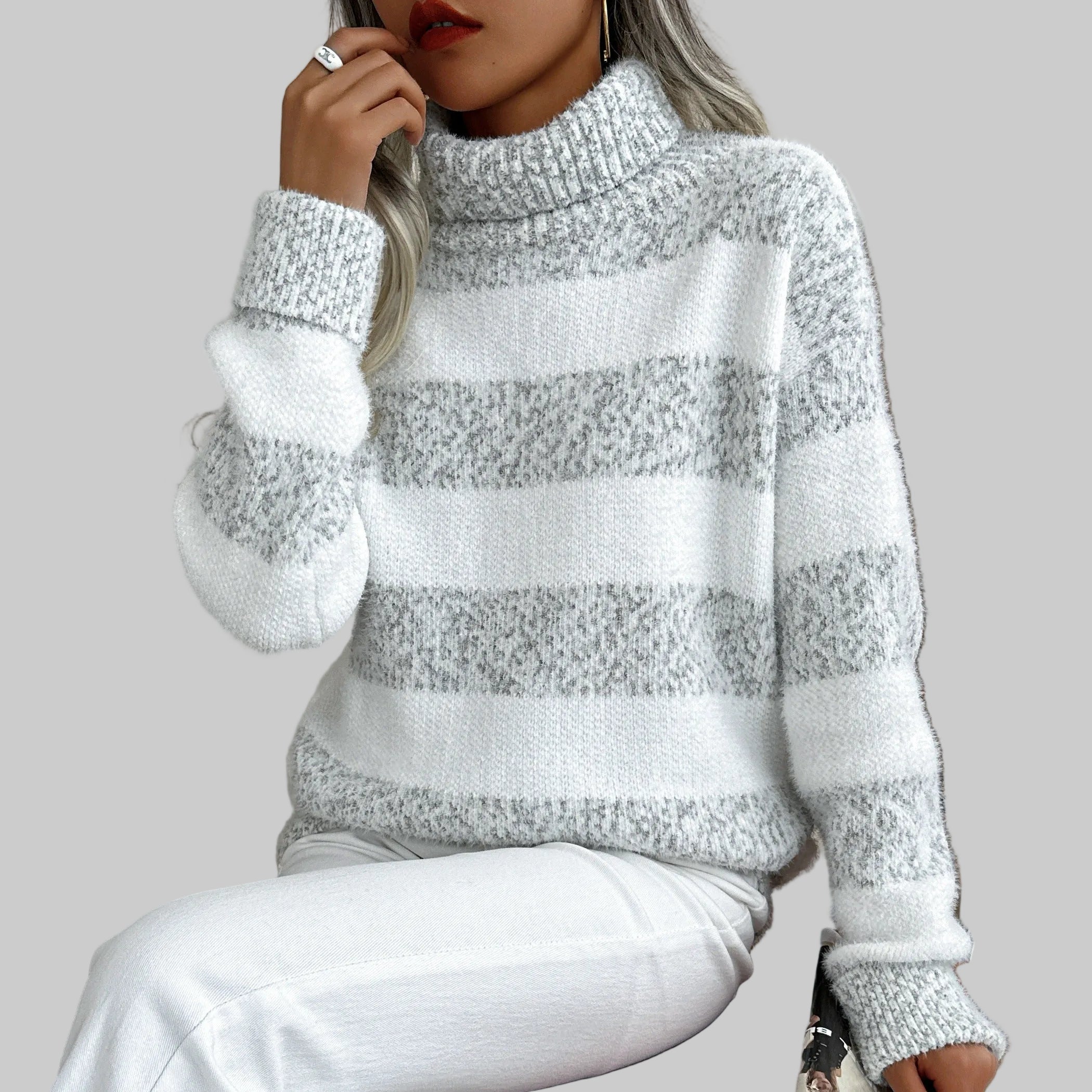 Damski Sweter z Golfem w Poziome Pasy z Długimi Rękawami
