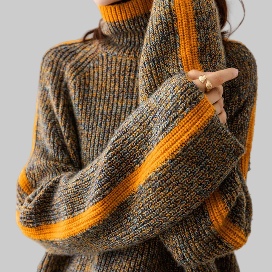 Damski Sweter z Golfem z Kontrastowymi Paskami i Długimi Rękawami