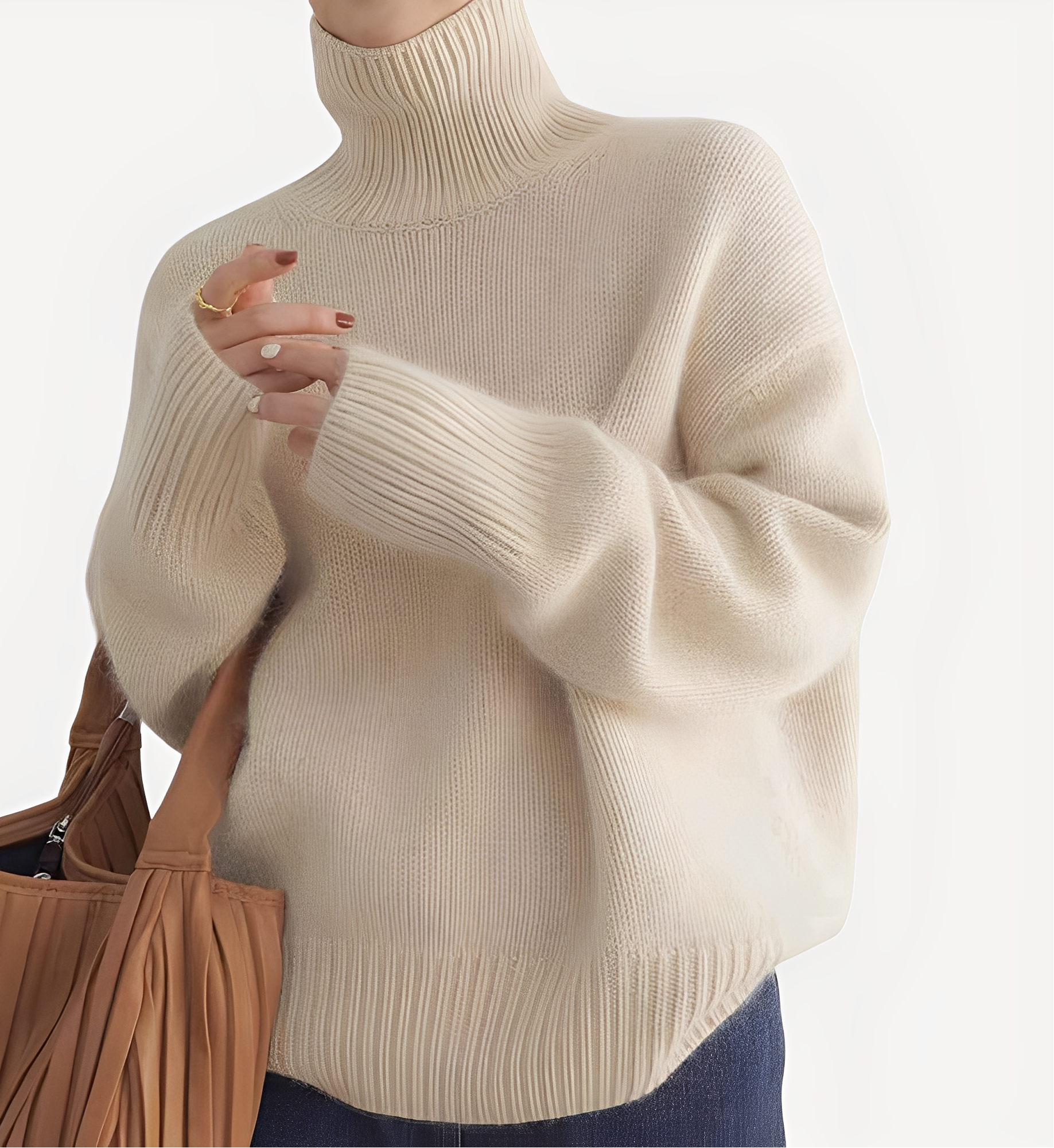 Damski Sweter z Golfem z Prążkowanymi Wykończeniami i Długimi Rękawami