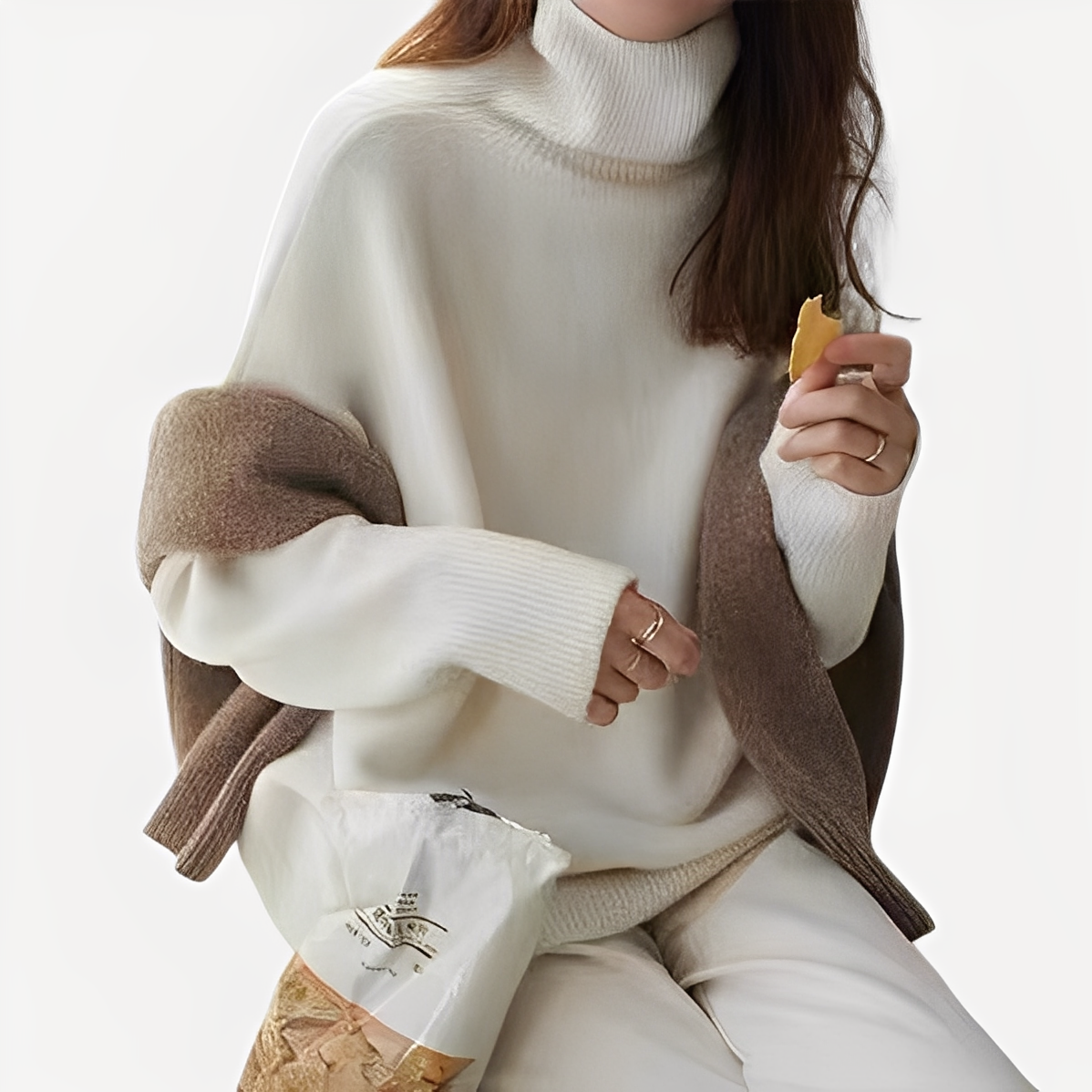 Damski Sweter z Golfem z Prążkowanymi Wykończeniami i Długimi Rękawami