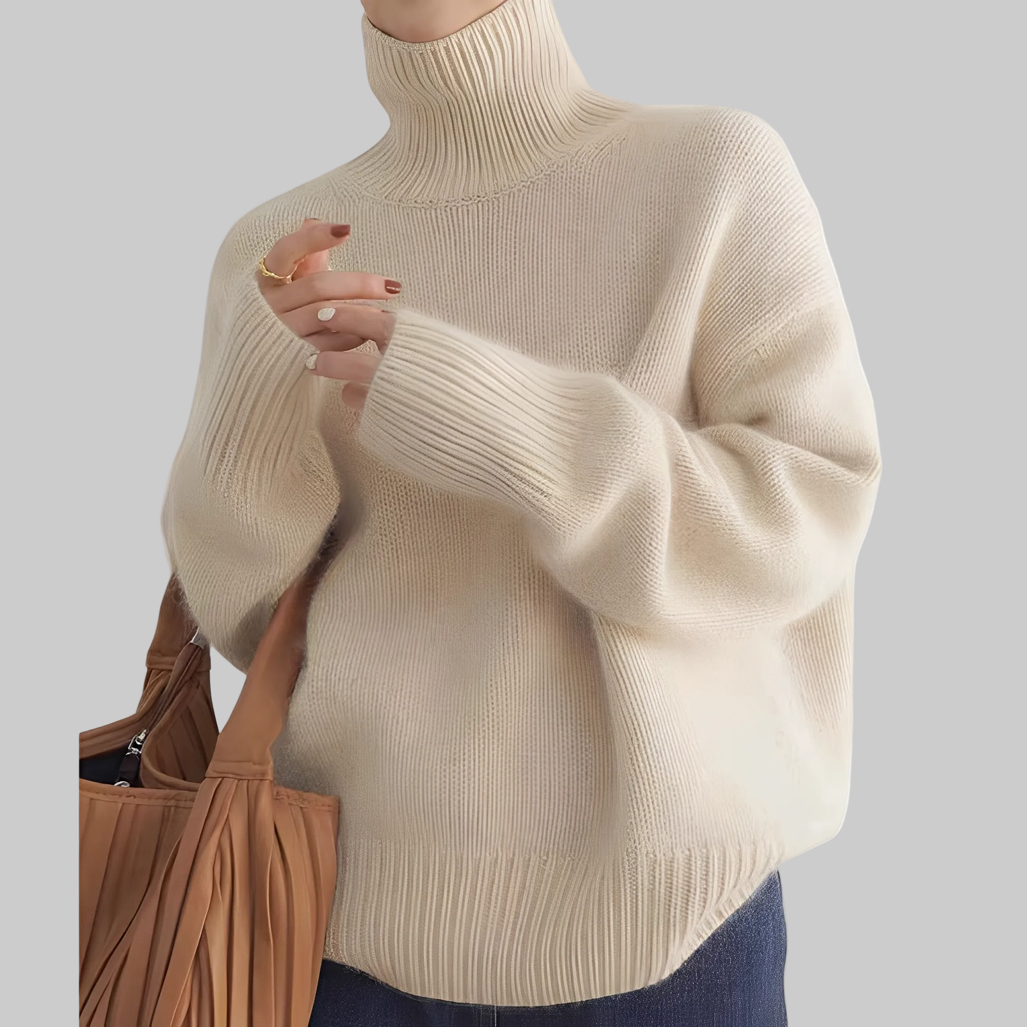 Damski Sweter z Golfem z Prążkowanymi Wykończeniami i Długimi Rękawami