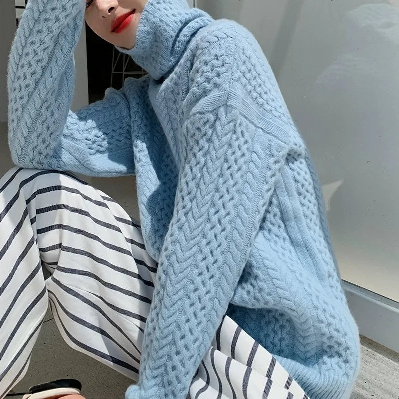 Damski Sweter z Golfem z Warkoczowym Splotem i Długimi Rękawami