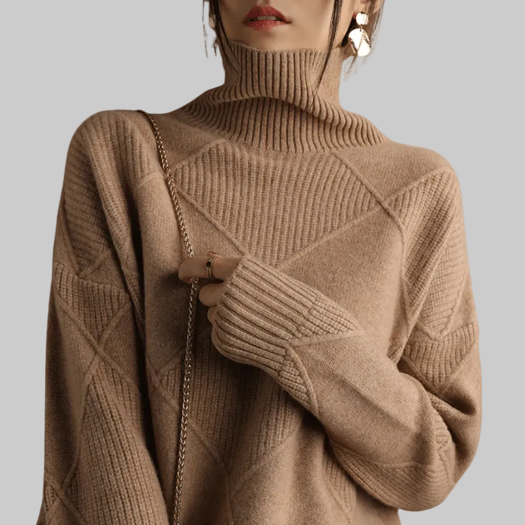 Damski Sweter z Wzorem Diamentowym z Wysokim Golfem i Długimi Rękawami