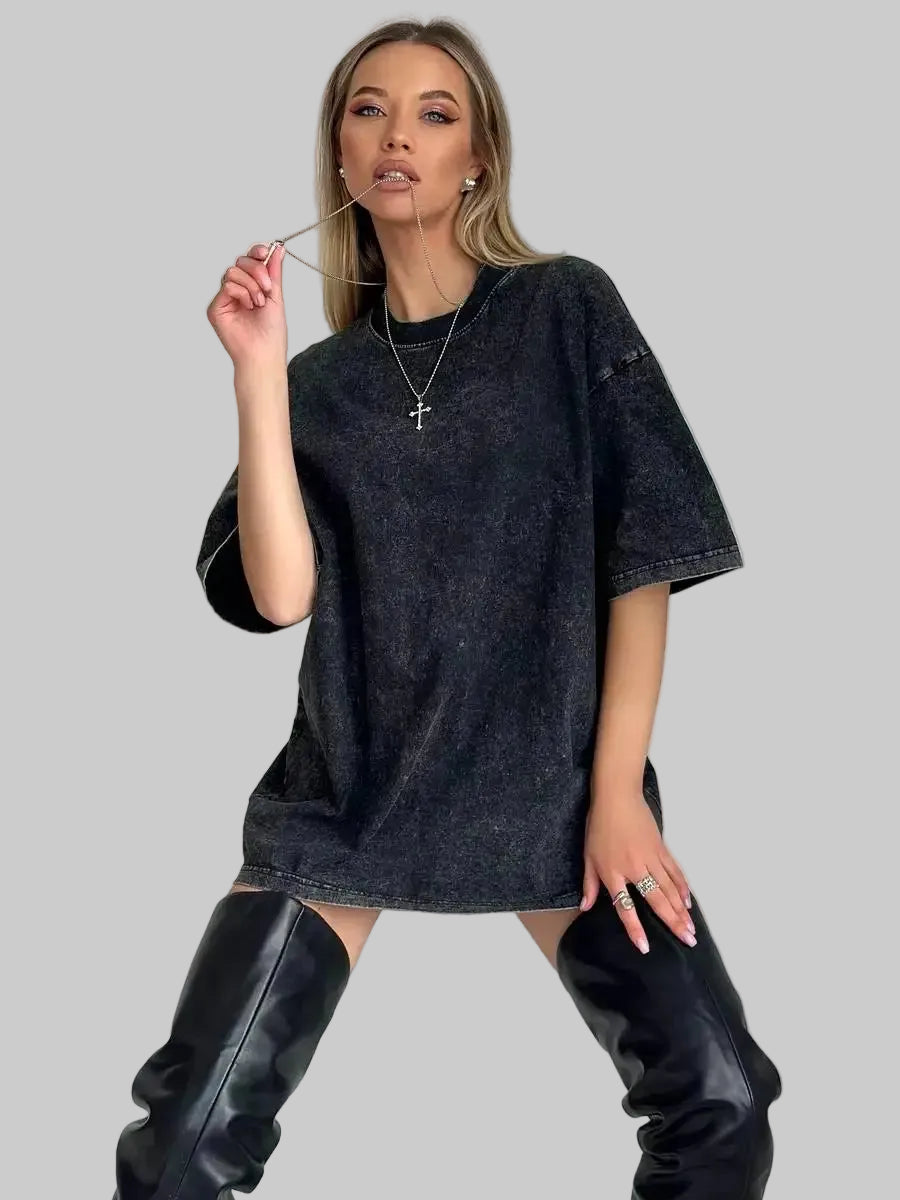 Damski Top T-shirt z Okrągłym Dekoltem Krótkim Rękawem i Efektem Sprania