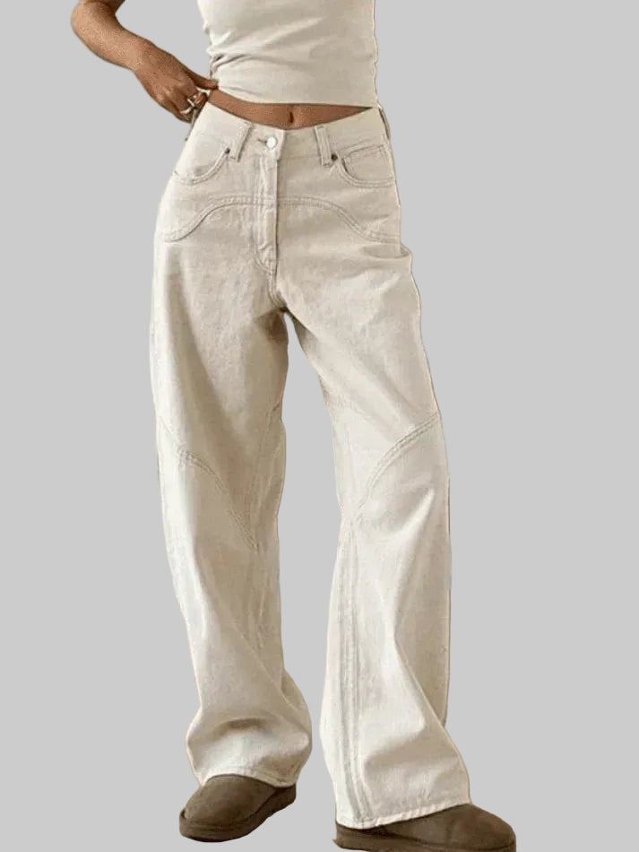 Damskie Jeansy z Szerokimi Nogawkami i Zakrzywionymi Przeszyciami Panelowymi w Kolorze Kremowym