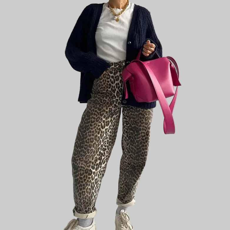 Damskie Jeansy z Wysokim Stanem z Nadrukiem Panterki i Podwiniętym Dołem