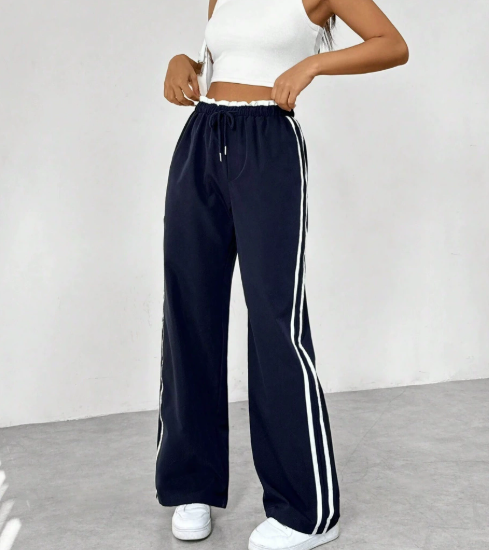 Damskie Spodnie z Szerokimi Nogawkami z Wysokim Stanem i Bocznymi Paskami