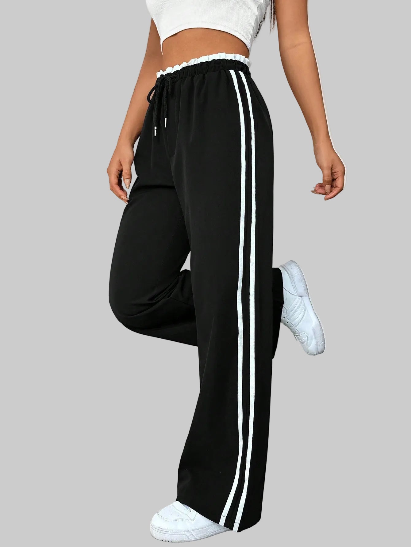 Damskie Spodnie z Szerokimi Nogawkami z Wysokim Stanem i Bocznymi Paskami